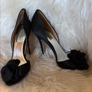Badgley Mischka Black Satin Heels with Floral Detail